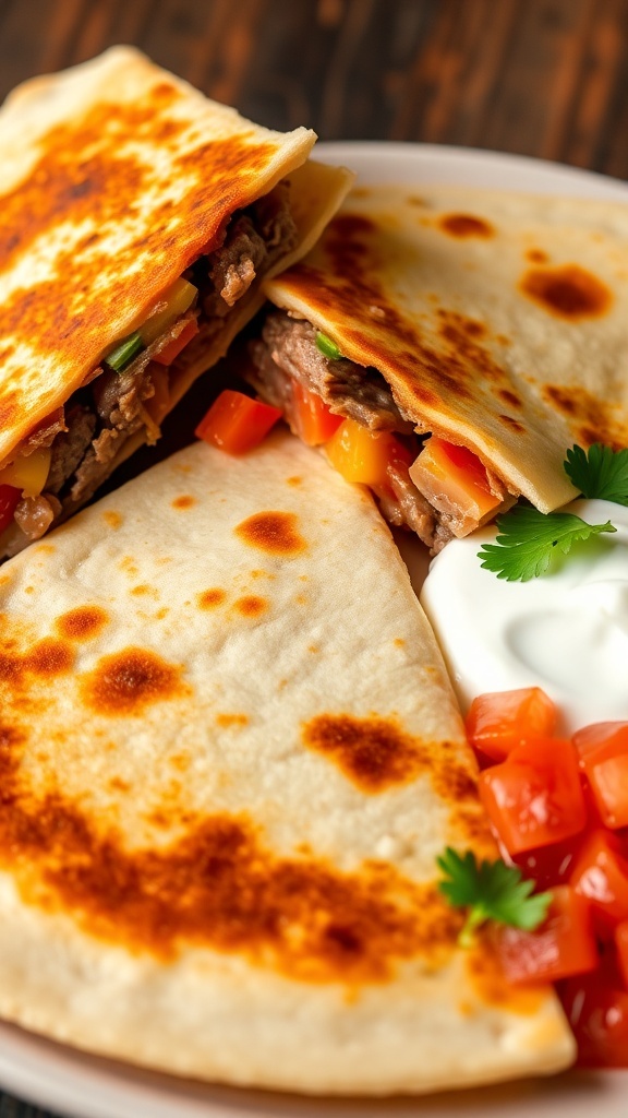Golden brown steak quesadilla filled with cheese and peppers, served with sour cream and salsa.